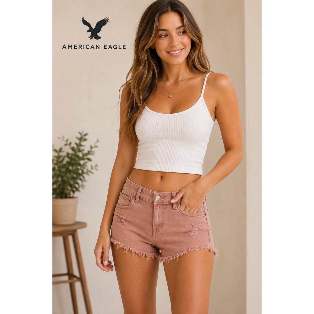 American Eagle Pink Denim Cutoff Shorts Distressed Stretch Size 10